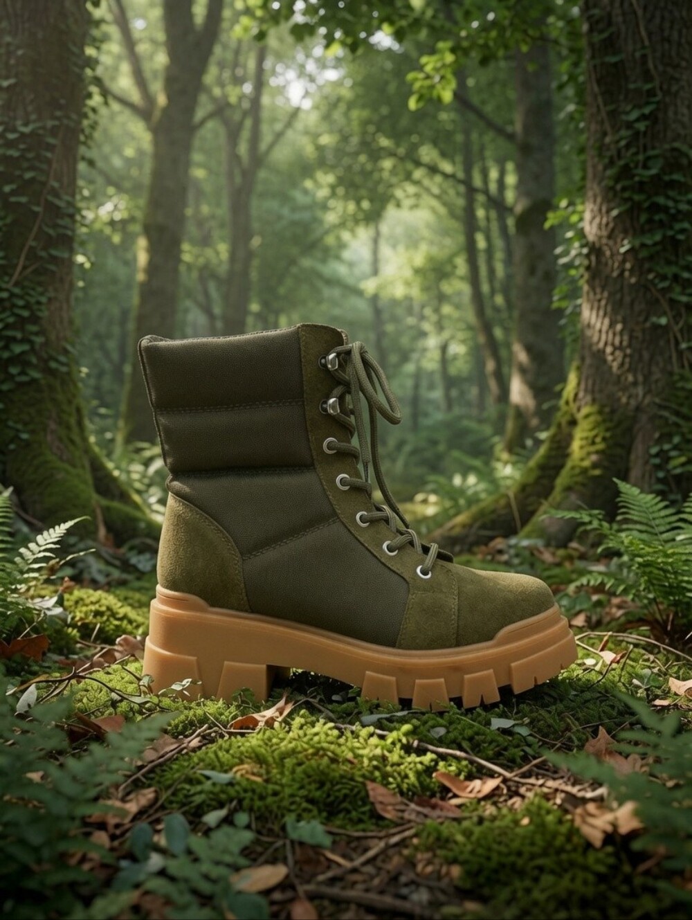 Steve Madden Olive & Brown Contrast Nadil Combat Boot, Lug Outsole Size 6